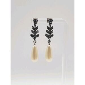 Vintage Art Deco Style Sterling Silver Marcasite Faux Pearl Pierced Earrings